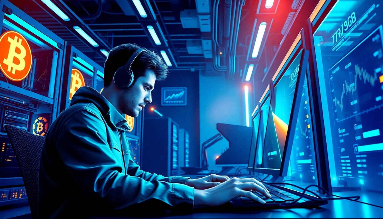 Experience Bitcoin mining as a miner efficiently working with advanced tech in a futuristic setup.