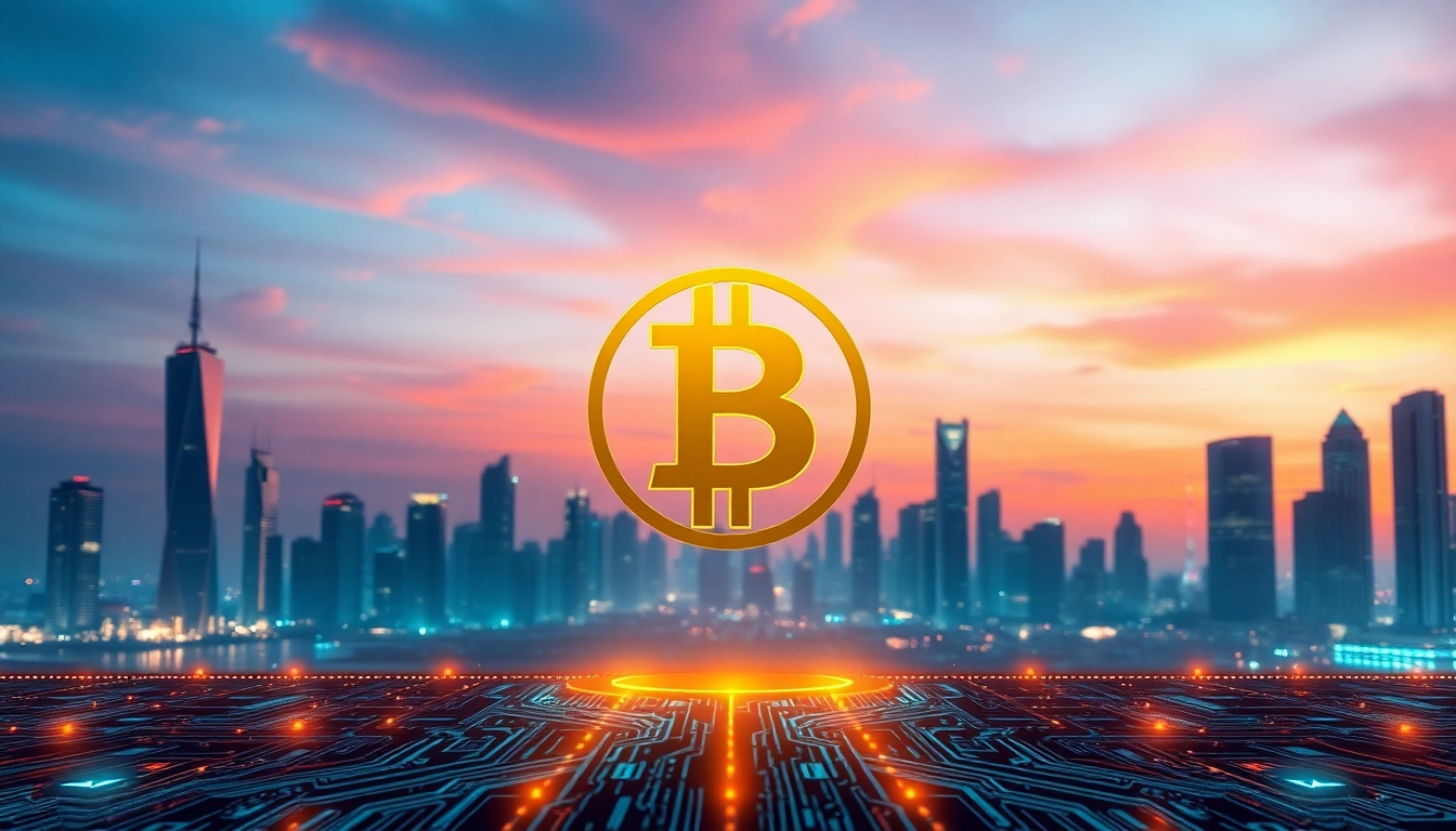 Showcase a glowing Bitcoin symbol at the heart of a futuristic city, emphasizing digital currency innovation.